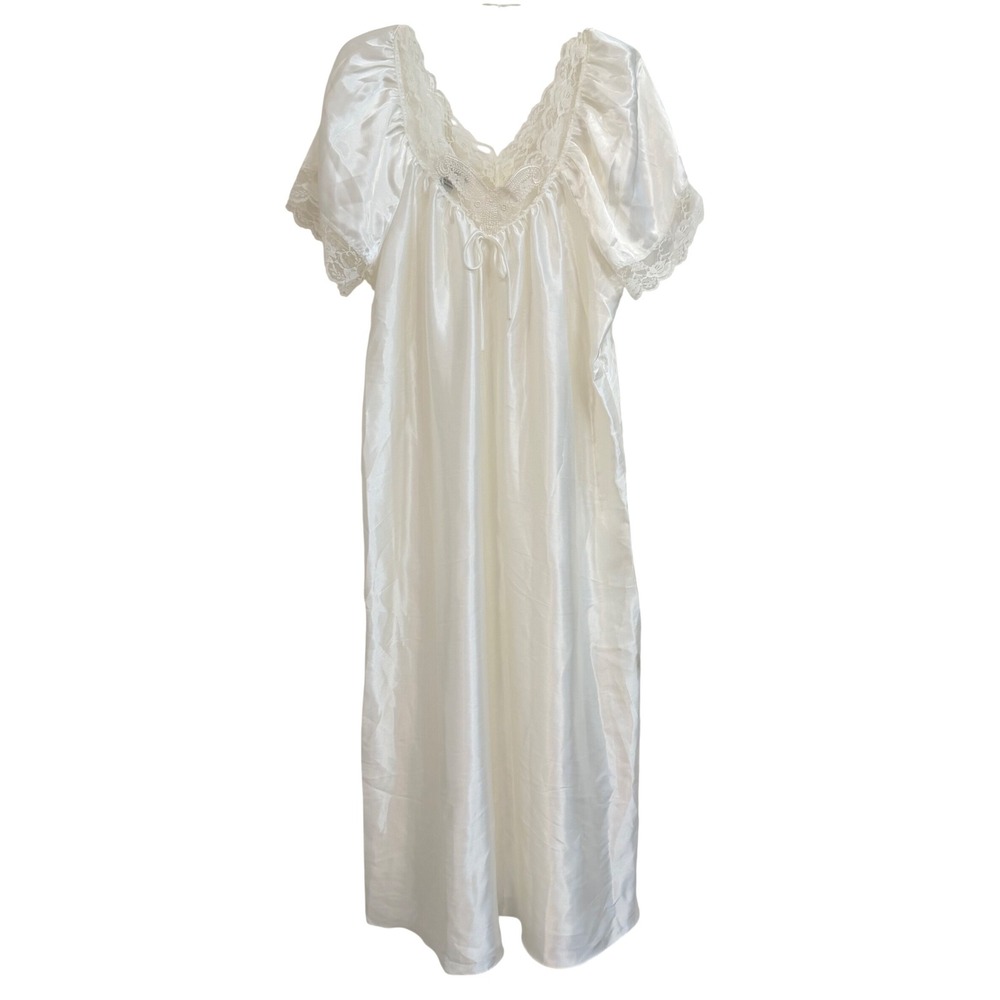 Go Softly Vintage Ivory Satin Nightgown Lace Trim V-Neck Maxi Sleepwear Womens L
